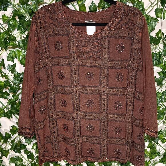 Brown 3/4 sleeve boho hippie fairy core top - Picture 1 of 5